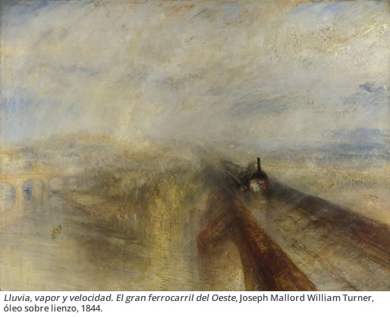 Lluvia, vapor y velocidad. El gran ferrocarril del Oeste, Joseph Mallord William Turner, óleo sobre lienzo, 1844.